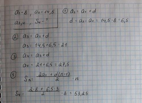 Найди следующие два члена арифметической прогрессии и сумму первых четырех членов, если a1 = 8 и a2