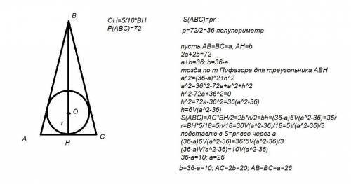 У рівнобедренному трикутнику периметр якого 72см, радіус вписанного кола становить 5/18 висоти , про