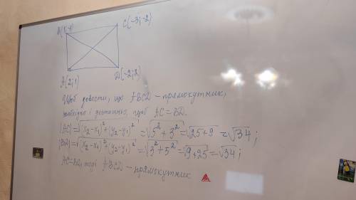 Доведіть,що чотирикутник АBCD з вершинами A(2;1)B(1;-3)C(-3;-2)D(-2;2) є прямокутником