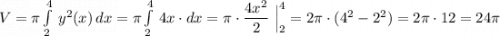 V=\pi \int\limits^4_2\, y^2(x)\, dx=\pi \int\limits^4_2\, 4x\cdot dx=\pi \cdot \dfrac{4x^2}{2}\ \Big|_2^4=2\pi \cdot (4^2-2^2)=2\pi \cdot 12=24\pi