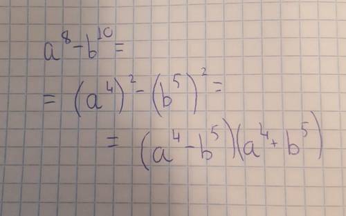 Розкласти на множники різницю квадратів a8−b10 . Обери правильну відповідь: (a4−b5)⋅(a4+b5) a8+2a4b
