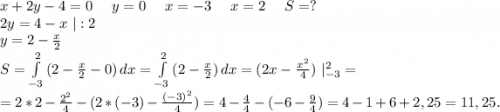 x+2y-4=0\ \ \ \ y=0\ \ \ \ x=-3\ \ \ \ x=2\ \ \ \ S=?\\2y=4-x\ |:2\\y=2-\frac{x}{2} \\S=\int\limits^2_{-3} {(2-\frac{x}{2}-0) } \, dx =\int\limits^2_{-3} {(2-\frac{x}{2} )} \, dx =(2x-\frac{x^2}{4} )\ |_{-3}^2=\\=2*2-\frac{2^2}{4} -(2*(-3)-\frac{(-3)^2}{4})=4-\frac{4}{4} -(-6-\frac{9}{4} )=4-1+6+2,25=11,25.