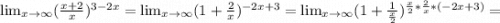 \lim_{x \to \infty}(\frac{x+2}{x})^{3-2x} = \lim_{x \to \infty} (1 + \frac{2}{x})^{-2x+3} = \lim_{x \to \infty} (1+ \frac{1}{\frac{x}{2} })^{\frac{x}{2}*\frac{2}{x}*(-2x+3)} =