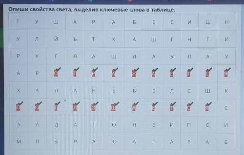 Опиши свойства света, выделив ключевые слова в таблице. каTуAРАБEСИEНулSъ2 cKAEГНГ.ИСнениеPyГЛA.EEА.