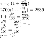 А_{1} = А_{0}(1 + \frac{p\%}{100} ) \\ 2700(1 + \frac{p\%}{100}) = 2889 \\ 1 + \frac{p\%}{100} = \frac{2889}{2700} \\ \frac{p\%}{100} = \frac{2889}{2700} - 1 \\ \frac{p\%}{100} = \frac{7}{100} \\ p = 7\%