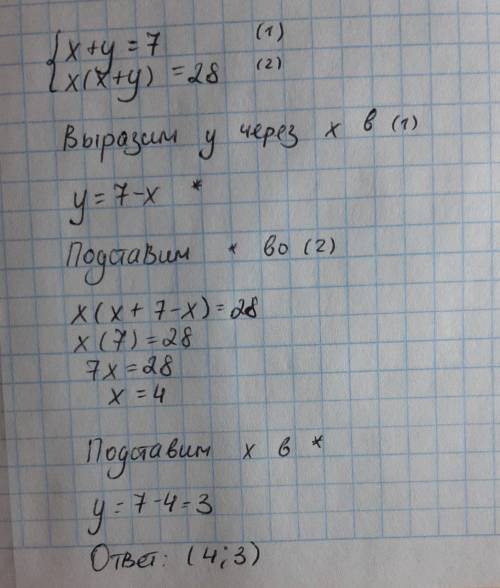 Реши систему уравнений: {x+y=7 x⋅(x+y)=28 {x= y=