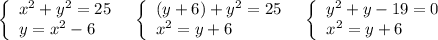 \left\{\begin{array}{l}x^2+y^2=25\\y=x^2-6\end{array}\right\ \ \left\{\begin{array}{l}(y+6)+y^2=25\\x^2=y+6\end{array}\right\ \ \left\{\begin{array}{l}y^2+y-19=0\\x^2=y+6\end{array}\right