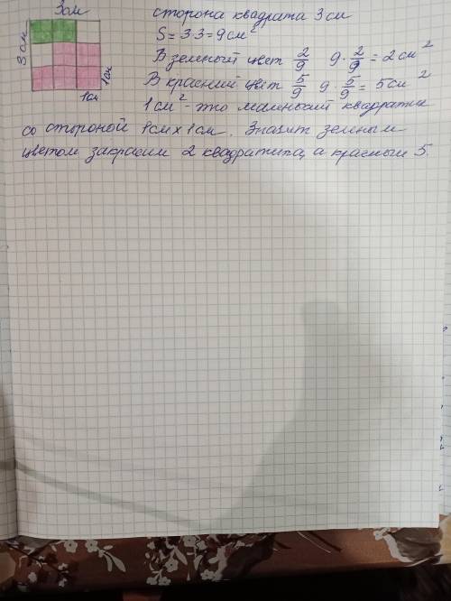 Накресліть квадрат зі стороною 3 сантиметра. Зафарбуйте два дев'ятих в зелений а п'ять дев'ятих у че