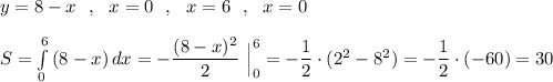 y=8-x\ \ ,\ \ x=0\ \ ,\ \ x=6\ \ ,\ \ x=0\\\\S=\int\limits^6_0\, (8-x)\, dx=-\dfrac{(8-x)^2}{2}\ \Big|_0^6=-\dfrac{1}{2}\cdot (2^2-8^2)=-\dfrac{1}{2}\cdot (-60)=30