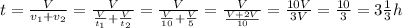 t={V\over v_1+v_2}={V\over {V\over t_1}+{V\over t_2}}={V\over {V\over 10}+{V\over 5}}={V\over {V+2V\over10}}={10V\over 3V}={10\over3}=3{1\over3}h