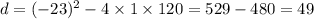 d = ( - 23) {}^{2} - 4 \times 1 \times 120 = 529 - 480 = 49