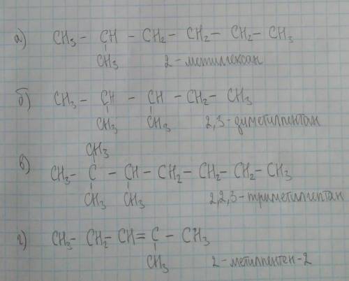 Напишите формулы по названию: А) 2-метилгексан Б) 2,3-диметилпентан В) 2,2,3 – триметилгептан Г) 2-м