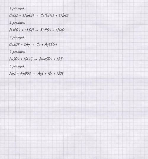 CoCl2+NaOH = H3PO4+KOH =CuSO4+Ag =NiSO4+Na2S =NaI+AgNO3=Решите