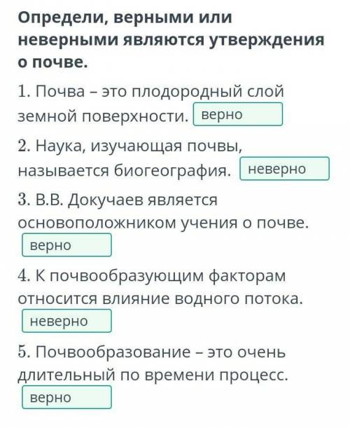 Определи, верными или неверными являются утверждения о почве. 1. Почва – это плодородный слой земной