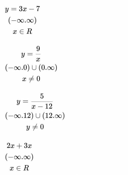 Знайдіть область визначення функції : у=3х-7; б) у=9/х; в) у=5/х-12 г) 2х+3х​