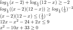 log_\frac{1}{3}(x-2)+\log_\frac{1}{3}(12-x)\geq-2\\log_\frac{1}{3}((x-2)(12-x))\geq log_\frac{1}{3}(\frac{1}{3})^{-2}\\(x-2)(12-x)\leq(\frac{1}{3})^{-2}\\12x-x^2-24+2x\leq9\\x^2-10x+33\geq0