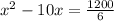 x^{2} -10x=\frac{1200}{6}