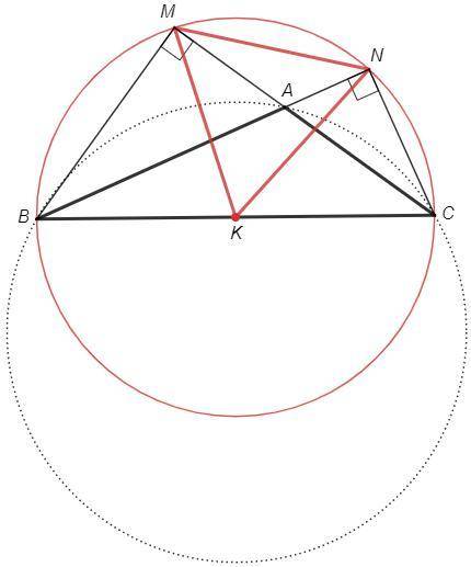 В треугольнике АВС угол А равен 120. ВM и CN высоты треугольника. Точка К середина стороны ВС a ) До