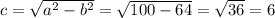 c = \sqrt{a^{2} - b^{2} } = \sqrt{100 - 64} = \sqrt{36} = 6