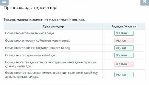 Тұжырымдардың ақиқат не жалған екенін анықта.ТұжырымдарАқиқат/ЖалғанЖалғанӨсімдіктер өкпемен тыныс а