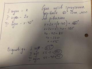 Перший кут трикутника удвічі менший від другого і на 40° більше від третього​