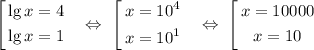 \left[\begin{gathered}\lg x = 4\\\lg x = 1\end{gathered}\ \ \ \Leftrightarrow\ \left[\begin{gathered}x = 10^4\\x = 10^1\end{gathered}\ \ \ \Leftrightarrow\ \left[\begin{gathered}x = 10000\\x = 10\end{gathered}