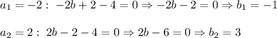 a_1 = -2:\; -2b + 2 - 4 = 0 \Rightarrow -2b-2 = 0 \Rightarrow b_1 = -1\\\\a_2 = 2:\; 2b - 2 - 4 = 0 \Rightarrow 2b-6 = 0 \Rightarrow b_2 = 3