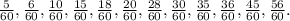 \frac{5}{60} , \frac{6}{60} , \frac{10}{60} , \frac{15}{60} , \frac{18}{60} , \frac{20}{60} , \frac{28}{60} , \frac{30}{60} , \frac{35}{60} , \frac{36}{60} , \frac{45}{60} , \frac{56}{60} .