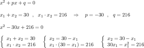 x^2+px+q=0\\\\x_1+x_2=30\ \ ,\ \ x_1\cdot x_2=216\ \ \ \Rightarrow \ \ \ p=-30\ \ ,\ \ q=216\\\\x^2-30x+216=0\\\\\left\{\begin{array}{l}x_1+x_2=30\\x_1\cdot x_2=216\end{array}\right\ \ \left\{\begin{array}{l}x_2=30-x_1\\x_1\cdot (30-x_1)=216\end{array}\right\ \ \left\{\begin{array}{l}x_2=30-x_1\\30x_1-x_1^2=216\end{array}\right