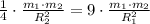 \frac{1}{4}\cdot\frac{m_1\cdot m_2}{R_2^2} = 9\cdot\frac{m_1\cdot m_2}{R_1^2}