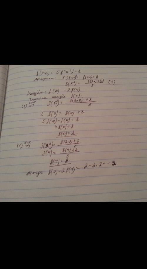 Для функции f(x),удовлетворяющей условию f(2x)=7f(x^2)-18 найдите разность 2f(0)-f(4)