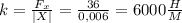 k = \frac{F_{x} }{|X |} = \frac{36}{0,006} =6 000\frac{H}{M}