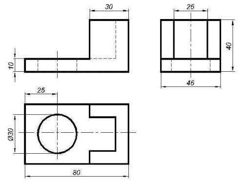 По аксонометрической проекции предмета построить чертеж в трех видах, нанести размеры