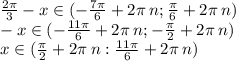 \frac{2\pi}{3} - x\in( - \frac{7\pi}{6} + 2\pi \: n; \frac{\pi}{ 6} + 2\pi \: n) \\ - x\in( - \frac{11\pi}{6} + 2\pi \: n ;- \frac{\pi}{2} + 2\pi \: n) \\ x\in( \frac{\pi}{2} + 2\pi \: n: \frac{11\pi}{6} + 2\pi \: n)