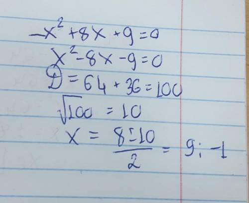 решить уравнение через дискриминант-x^2+8x+9=0даю 20 б​