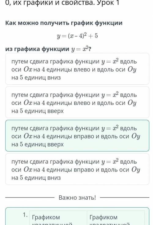 Как можно получить график функции y= (x – 4)²+ 5 из графика функции y= x²? путем сдвига графика функ