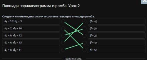 Площади параллелограмма и ромба. Урок 2 Соедини линиями диагонали и соответствующие площади ромба.d