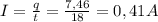 I =\frac{q}{t} = \frac{7,46}{18} = 0,41 A