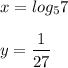 \displaystyle x=log_57\\\\y=\frac{1}{27}