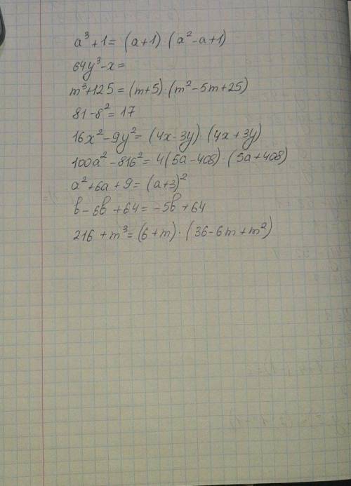 Розкласти на множники a³+1=64y³-x=m³+12 5 =81-8²=16x²-9y2=100 a²-816²=a²+6a+9=b-6b+64=216+m³=​