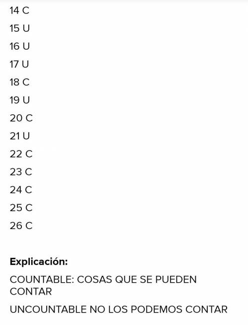 COUNTABLE OR UDICOUNTABLE? Write Cfor countable or U for uncountable1-Oil 3-Sugar 5-Chicken 7-Peas__