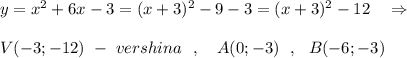 y=x^2+6x-3=(x+3)^2-9-3=(x+3)^2-12\ \ \ \Rightarrow \\\\V(-3;-12)\ -\ vershina\ \ ,\ \ \ A(0;-3)\ \ ,\ \ B(-6;-3)