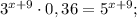 3^{x+9} \cdot 0,36=5^{x+9};