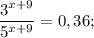 \dfrac{3^{x+9}}{5^{x+9}}=0,36;