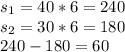 s_{1}=40*6=240 \\s_{2}=30*6=180\\240-180=60