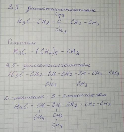 Составить формулы веществ 1. 3,3 - диметилпентан2. Гептан3. 3,5 - диметилгептан4. 2 - метил - 3 - эт