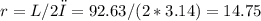 r=L/2π=92.63/(2*3.14)=14.75