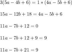 \displaystyle 3(5a-4b+6)=1*(4a-5b+6)\\\\15a-12b+18=4a-5b+6\\\\11a-7b+12=0\\\\11a-7b+12+9=9\\\\11a-7b+21=9