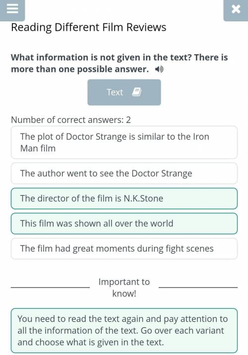 Number of correct answers: 2 The film had great moments during fight scenes The plot of Doctor Stran