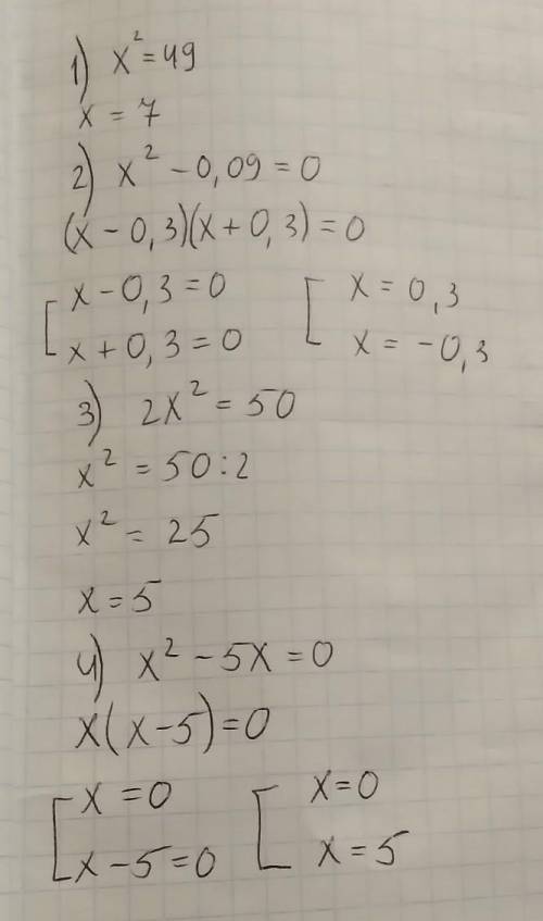 От Вариант 21). x² = 492). х² – 0,09 = 03). 2x²= 504). х² – 5х = 05). 4х² + 5х = 06). х²+ 25 = 07).